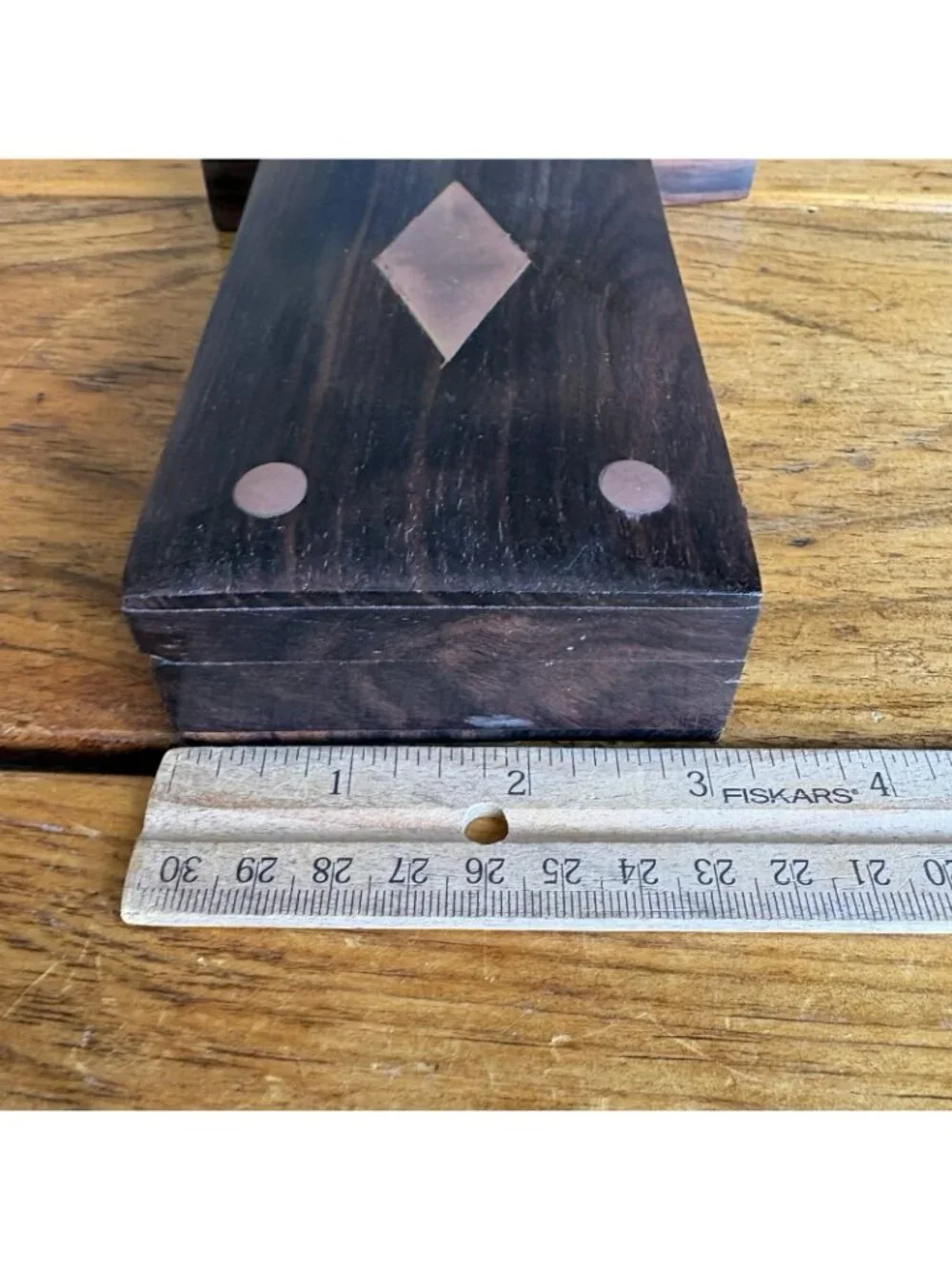 2 Wooden Trinket Boxes Brass Inlay Diamond Top Measurements In Photos